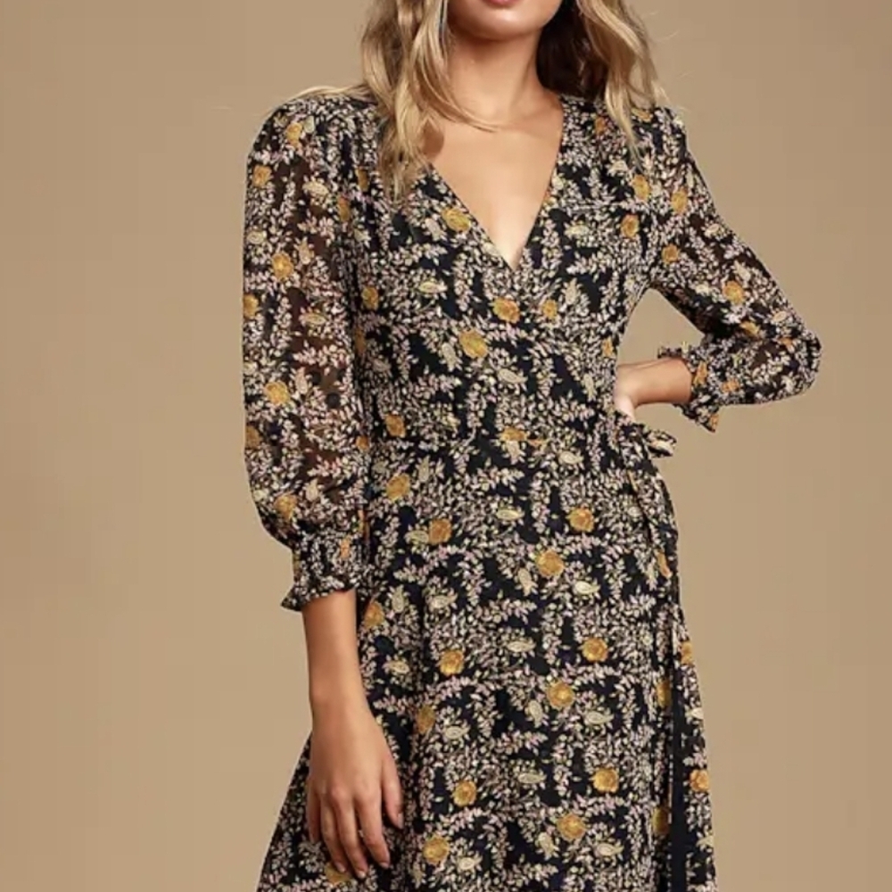Lulus Meet Me There Black Multi Floral Print Wrap Maxi Dress Medium - Picture 4 of 10